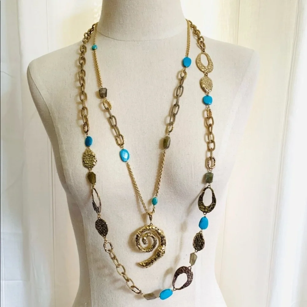 ALEXIS BITTAR • NEW Long Hammered Gemstone Mesh Custom Textured Link Necklace